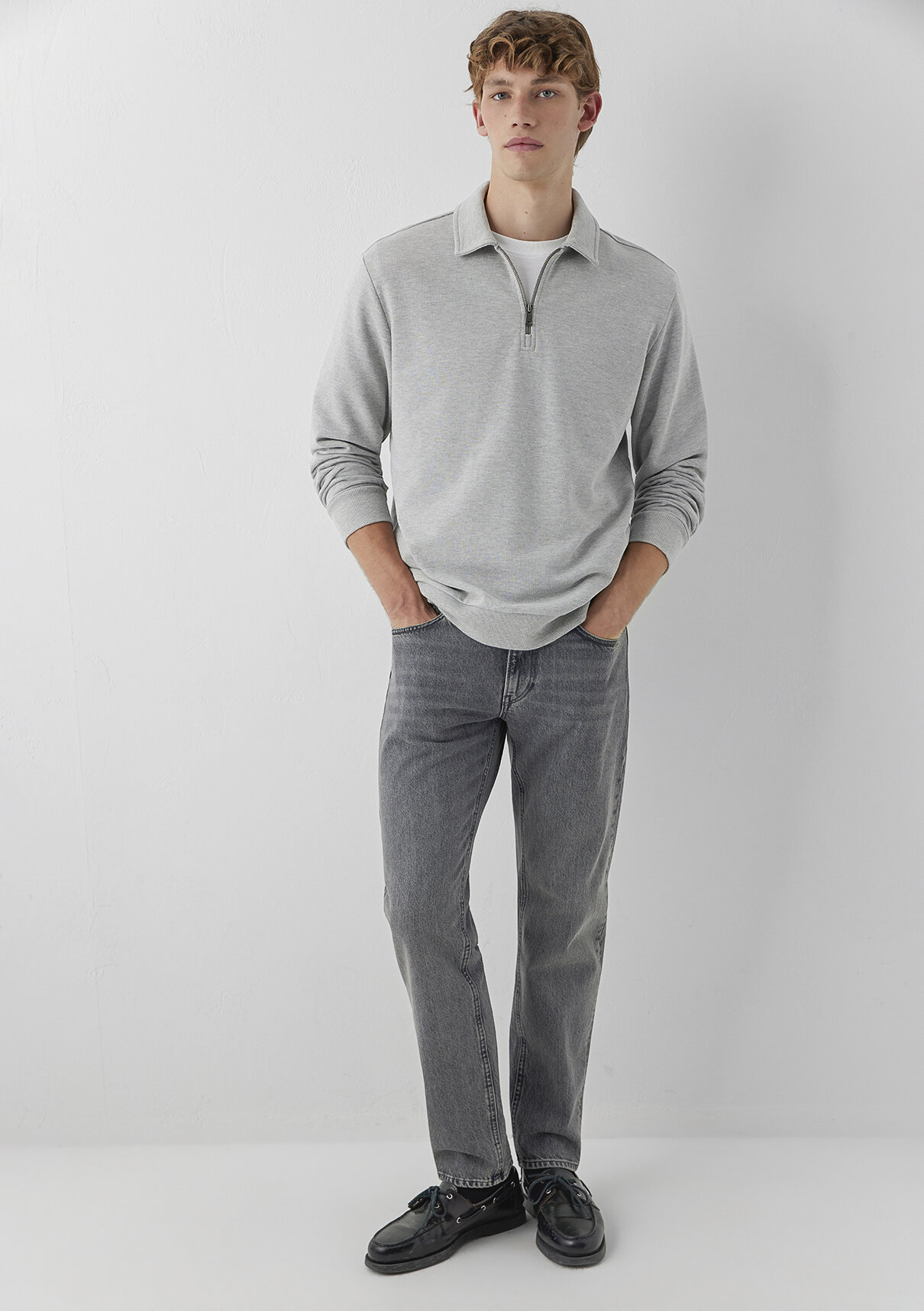 Mavi Yarı Fermuarlı Gri Polo Sweatshirt görsel 2