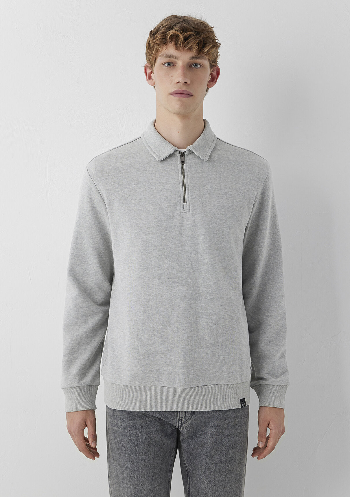 Mavi Yarı Fermuarlı Gri Polo Sweatshirt görsel 3