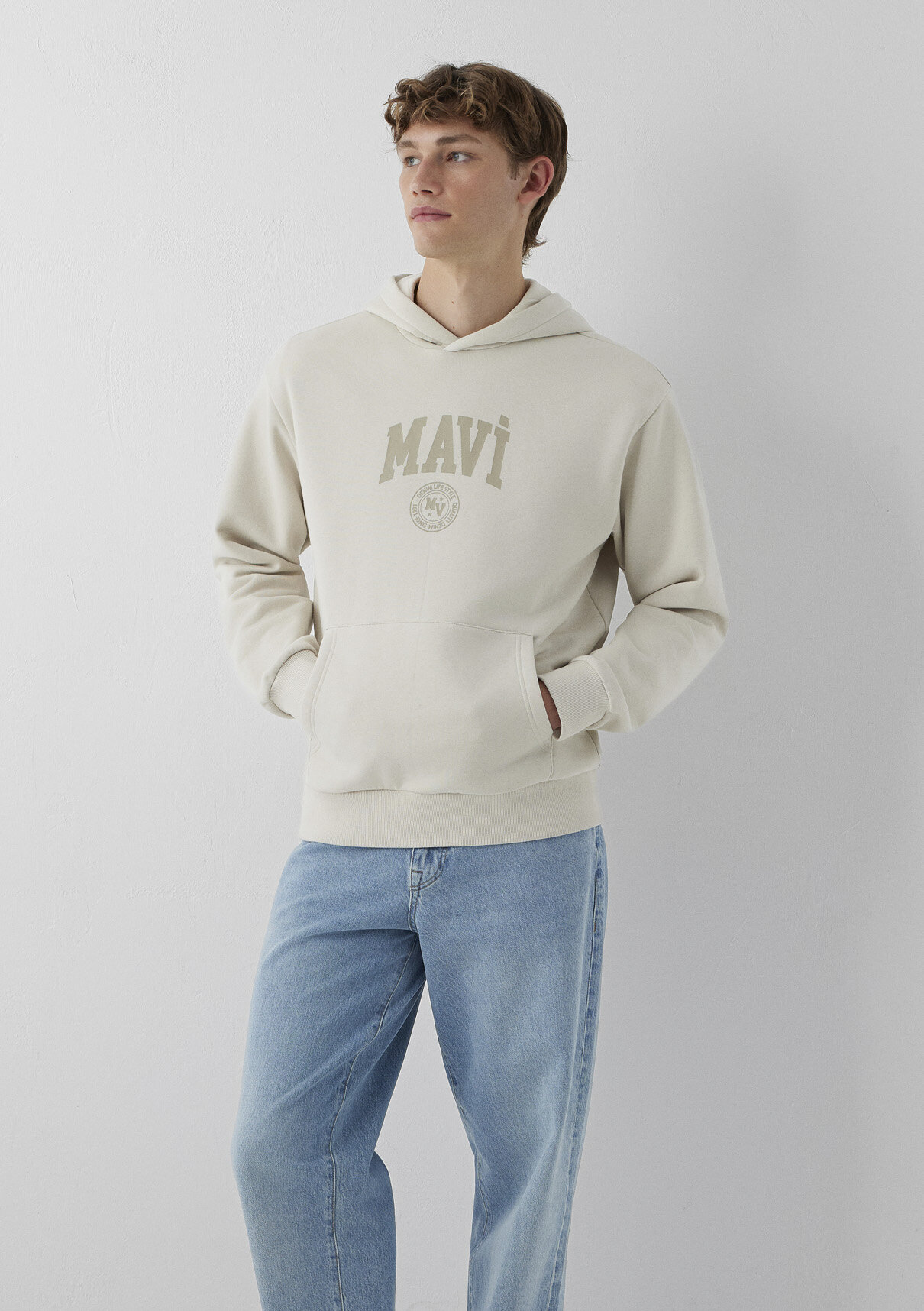Mavi Logo Baskılı Kapüşonlu Bej Sweatshirt görsel 2