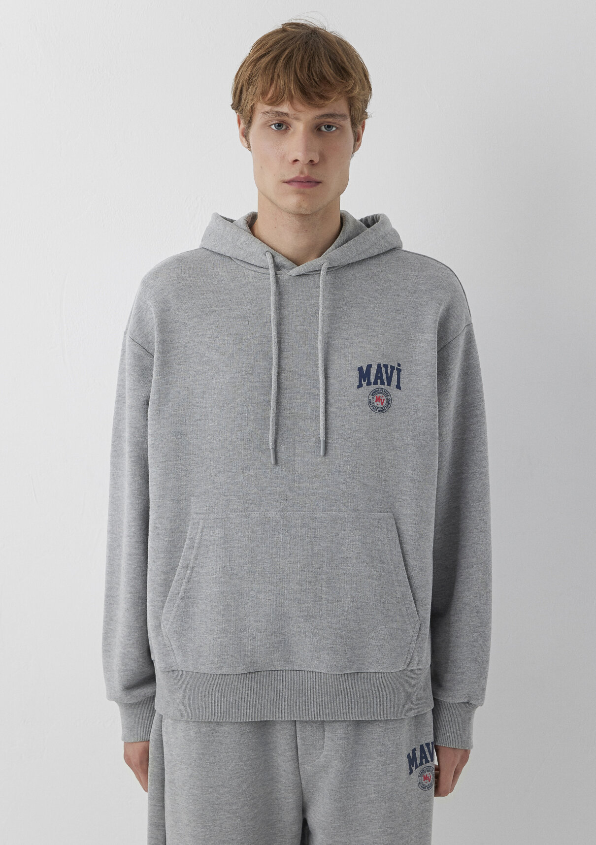 Mavi Logo Baskılı Kapüşonlu Gri Sweatshirt görsel 3