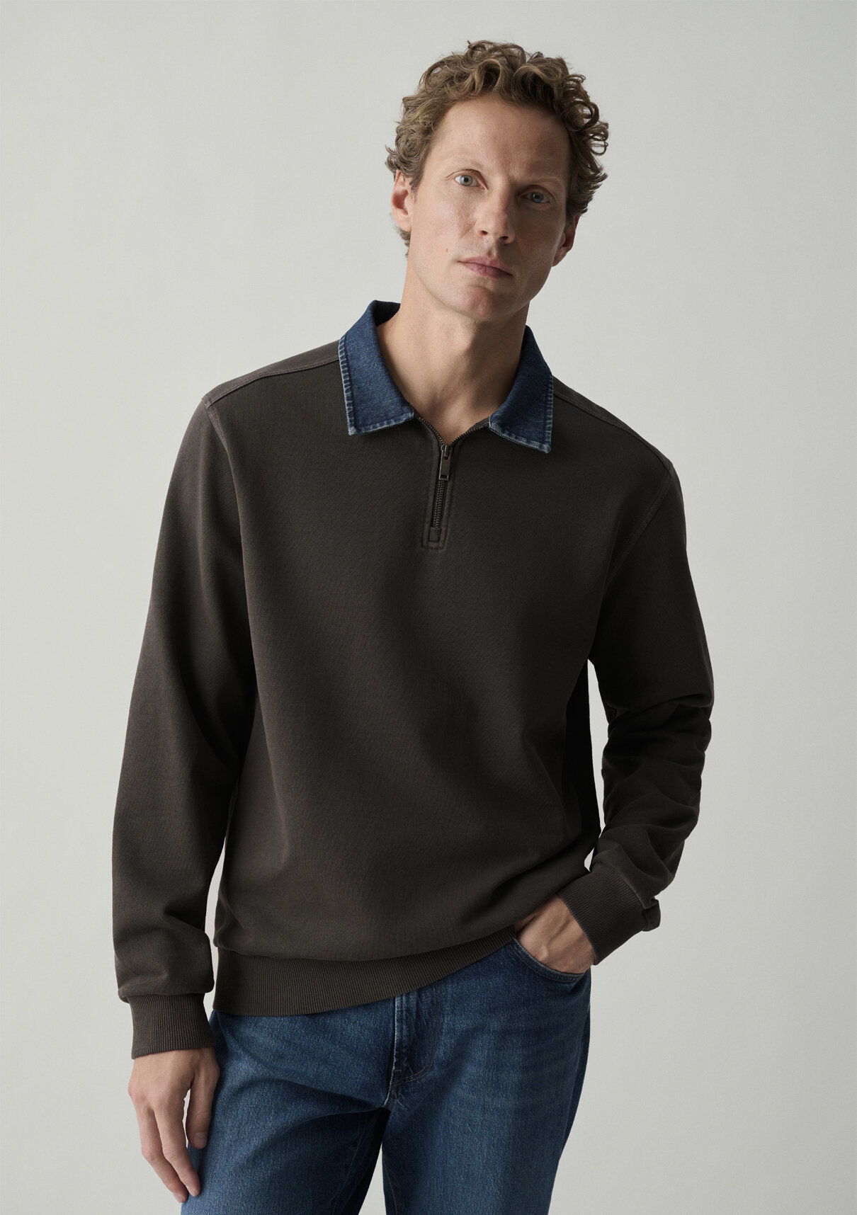 Mavi Denim Yaka Kahverengi Polo Sweatshirt