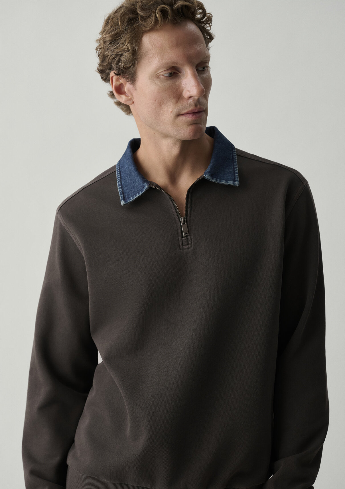 Mavi Denim Yaka Kahverengi Polo Sweatshirt görsel 2