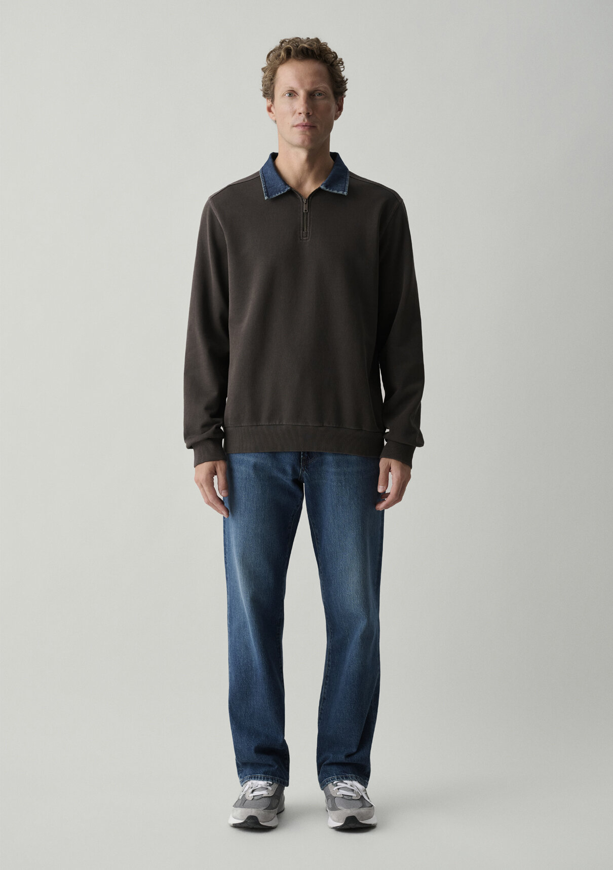 Mavi Denim Yaka Kahverengi Polo Sweatshirt görsel 4