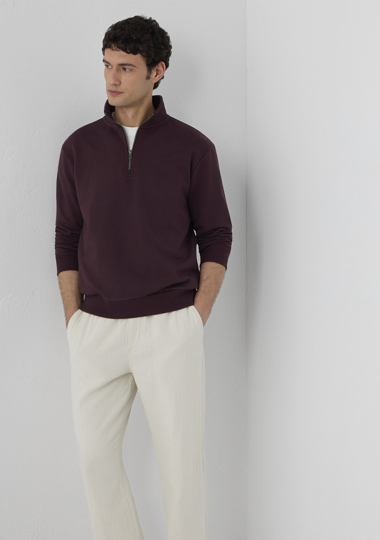 Mavi Yarı Fermuarlı Bordo Sweatshirt