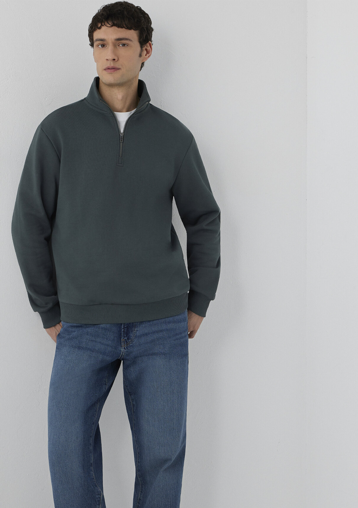 Mavi Yarı Fermuarlı Yeşil Basic Sweatshirt