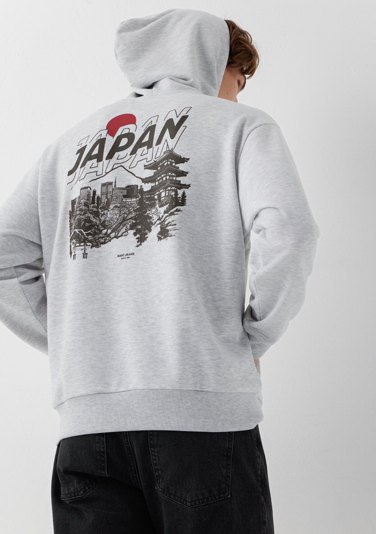 Mavi Japonya Temalı Kapüşonlu Gri Sweatshirt