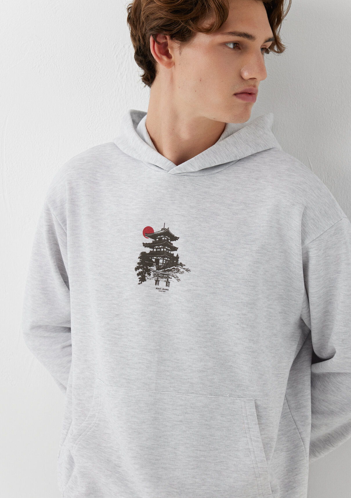 Mavi Japonya Temalı Kapüşonlu Gri Sweatshirt görsel 2