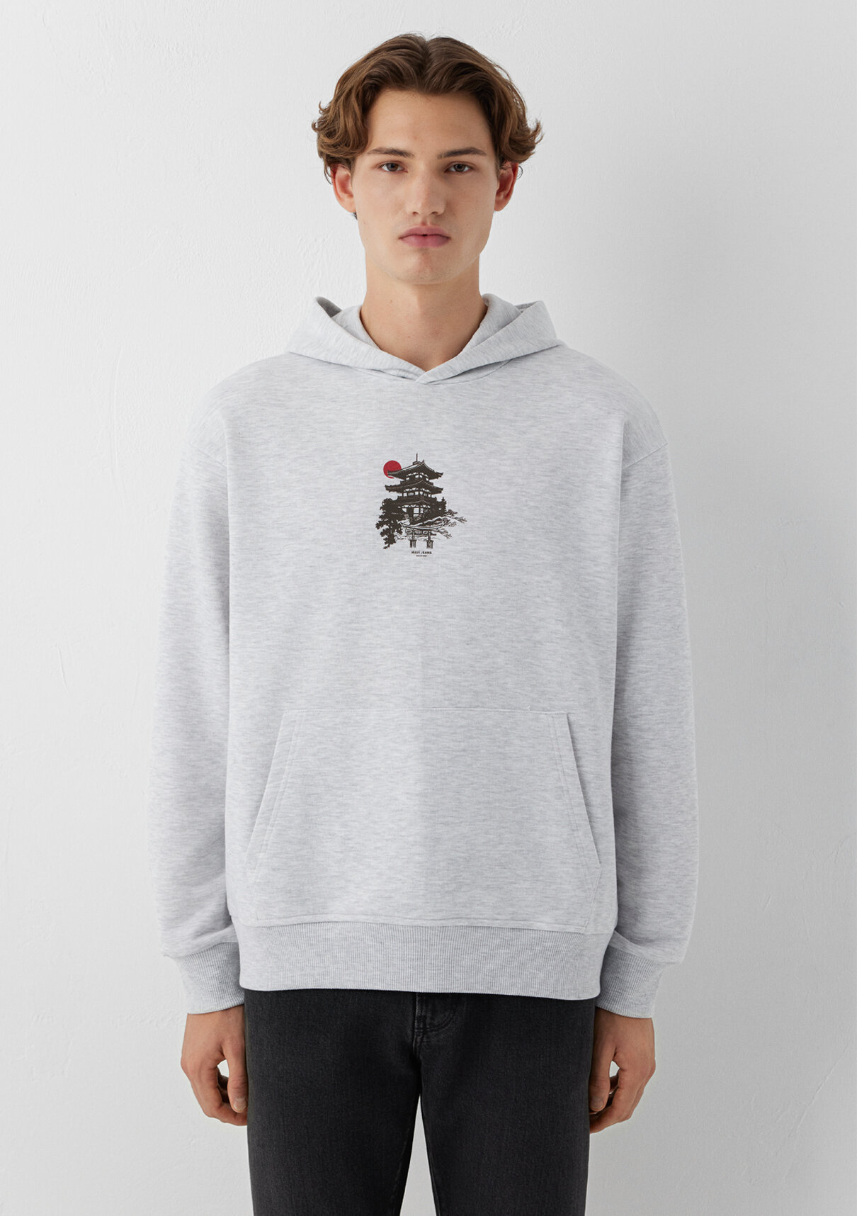 Mavi Japonya Temalı Kapüşonlu Gri Sweatshirt görsel 3