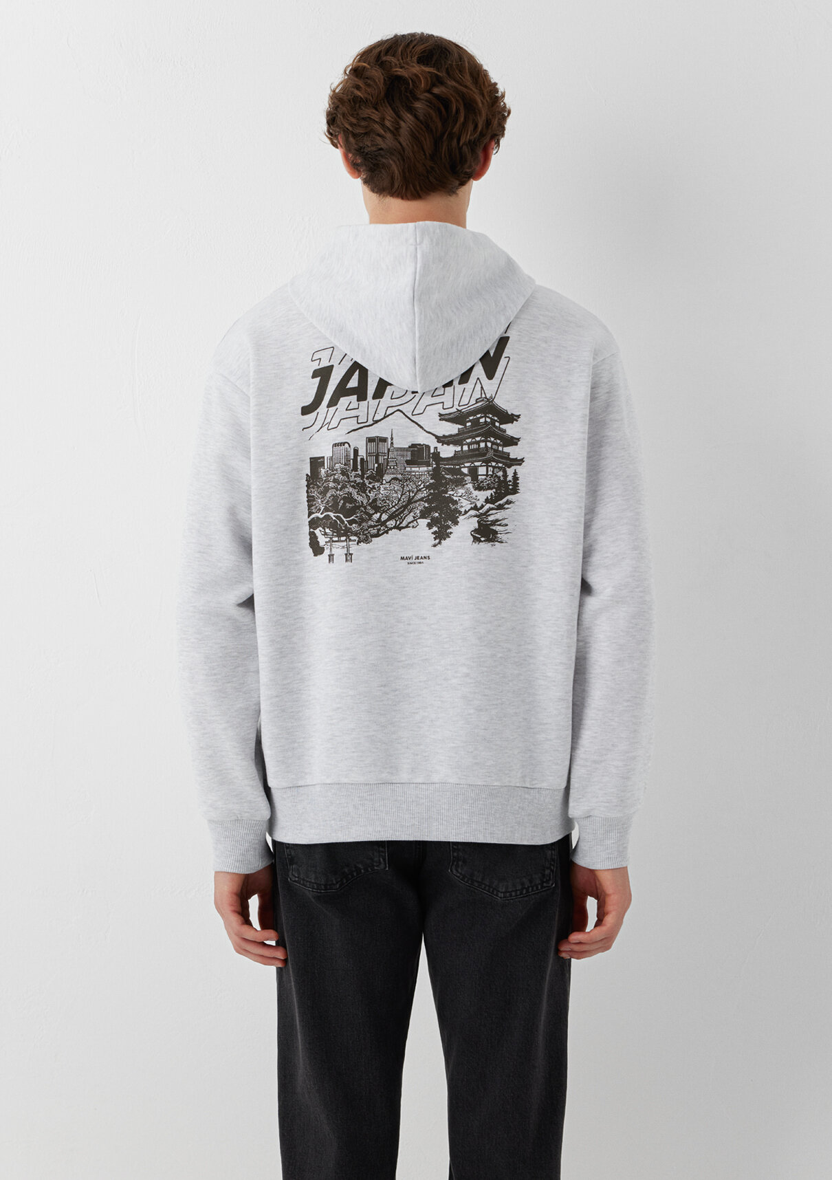 Mavi Japonya Temalı Kapüşonlu Gri Sweatshirt görsel 5