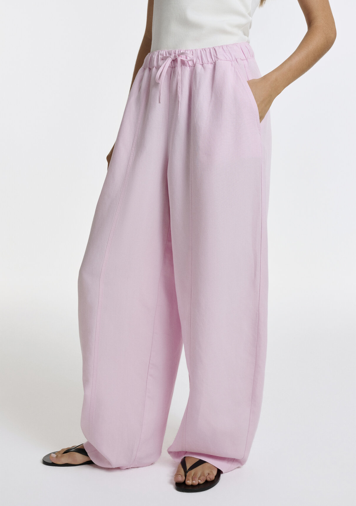Mavi Keten Karışımlı Pembe Pantolon görsel 5