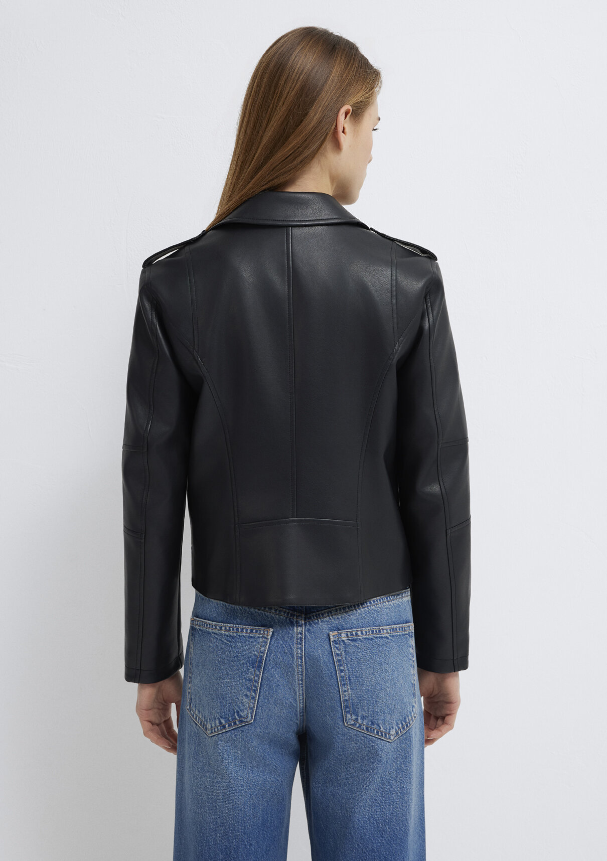 Mavi Biker Yaka Siyah Suni Deri Ceket görsel 6