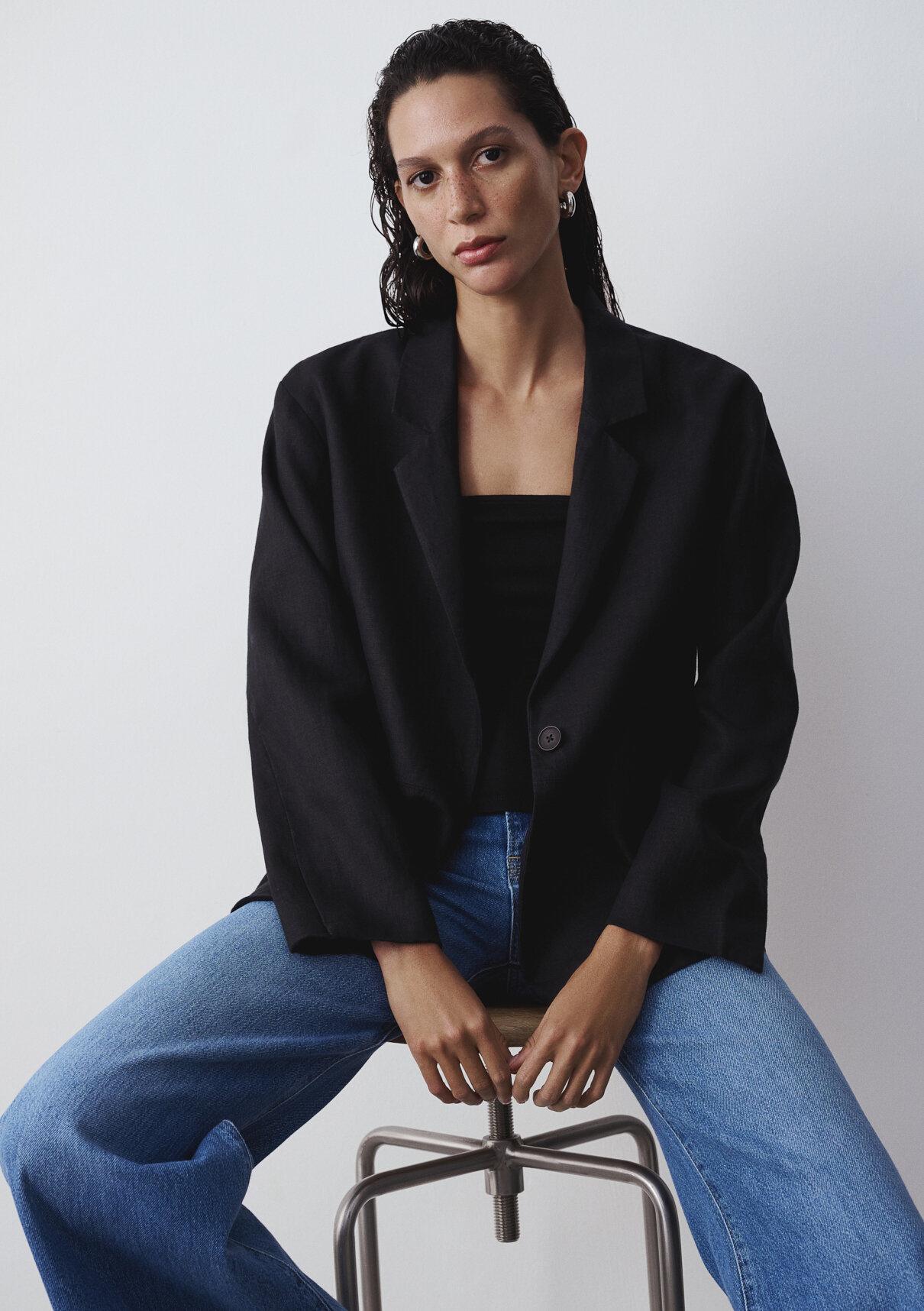 Mavi Siyah Keten Blazer