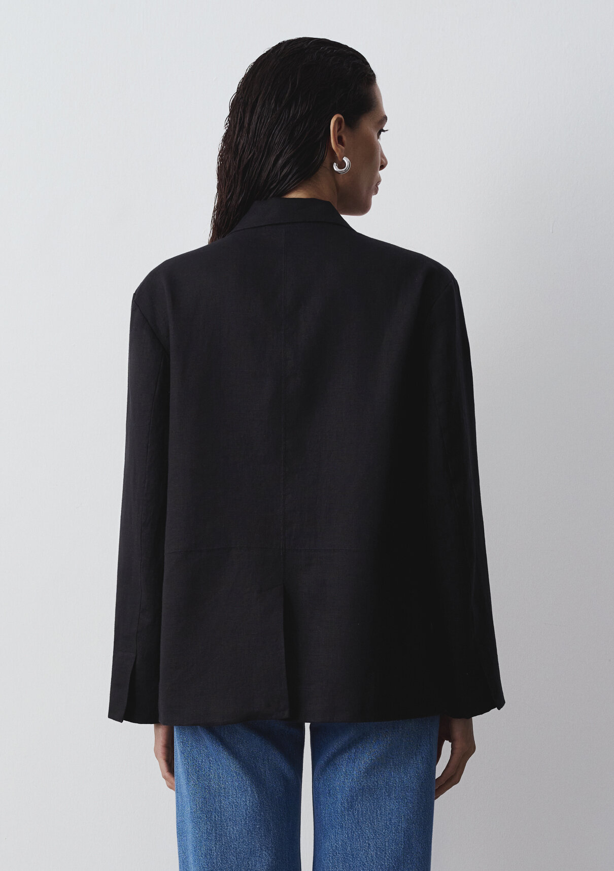 Mavi Siyah Keten Blazer görsel 4