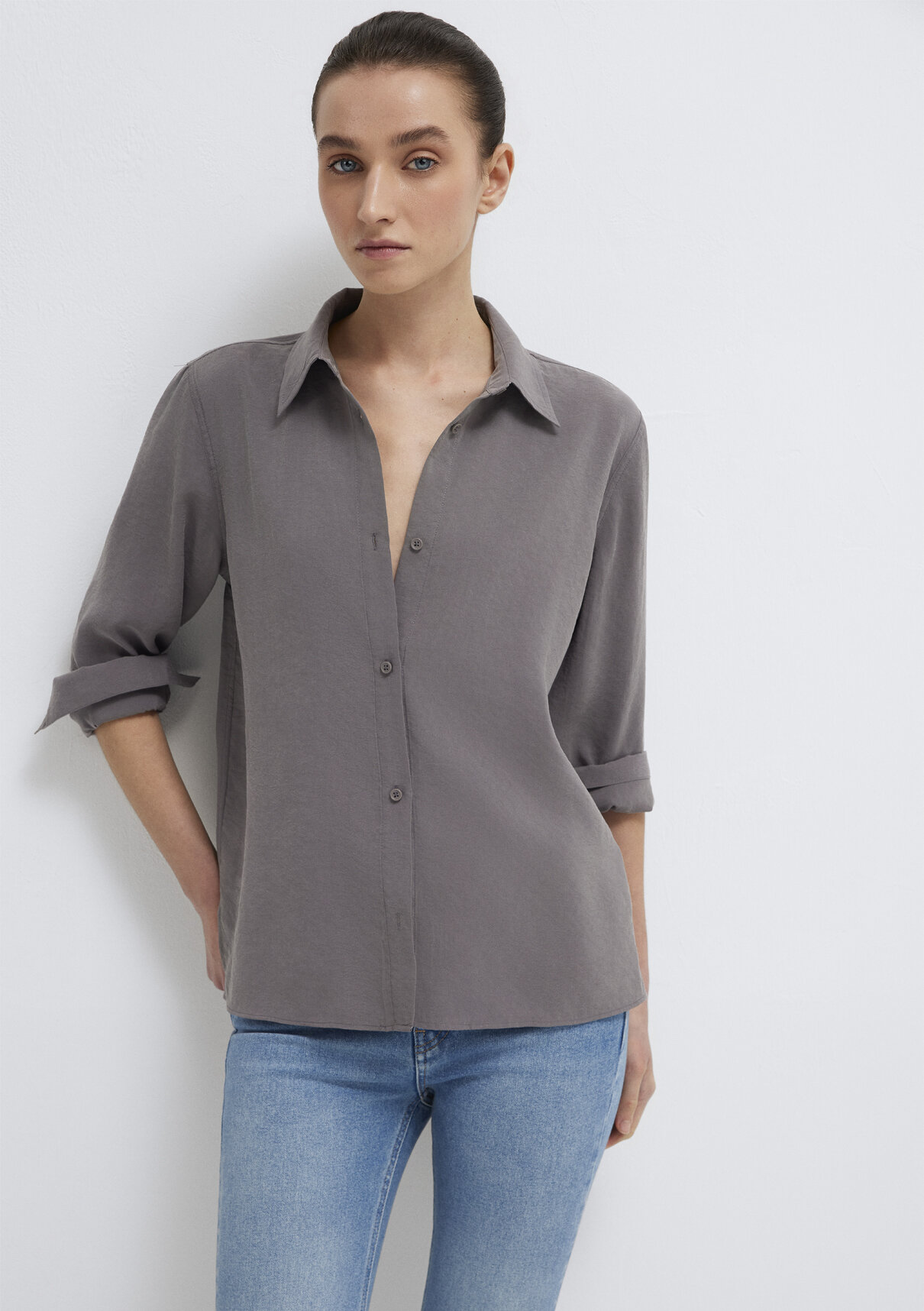 Mavi Gri (TENCEL™) Liyosel Karışımlı Gömlek