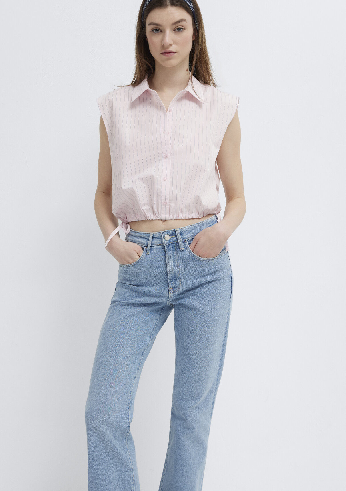 Mavi Çizgili Pembe Crop Bluz