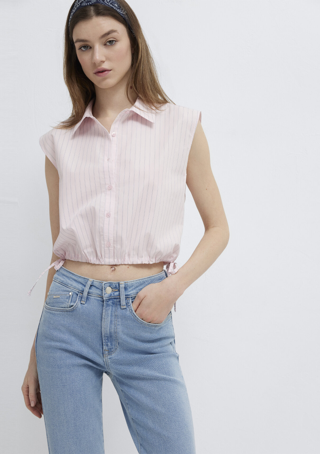 Mavi Çizgili Pembe Crop Bluz görsel 2