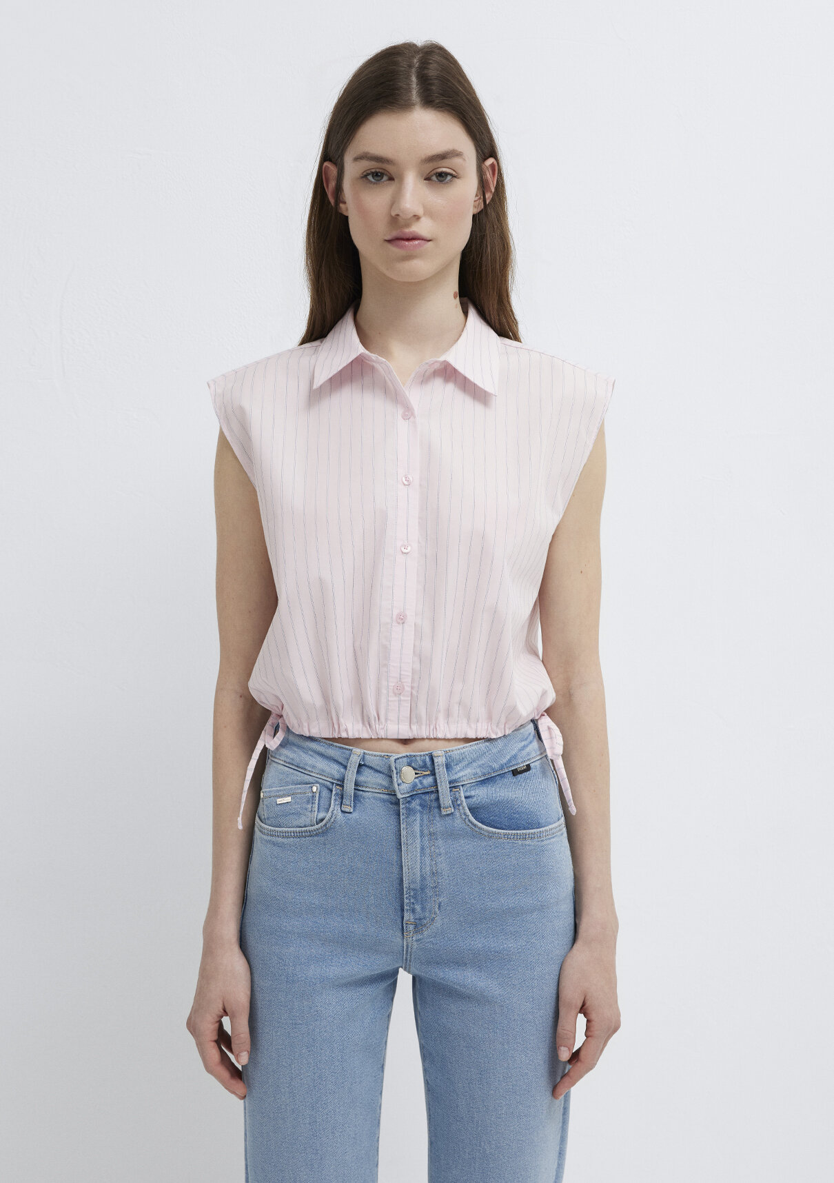 Mavi Çizgili Pembe Crop Bluz görsel 3