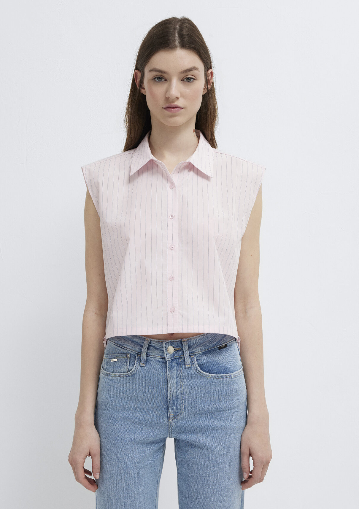 Mavi Çizgili Pembe Crop Bluz görsel 4