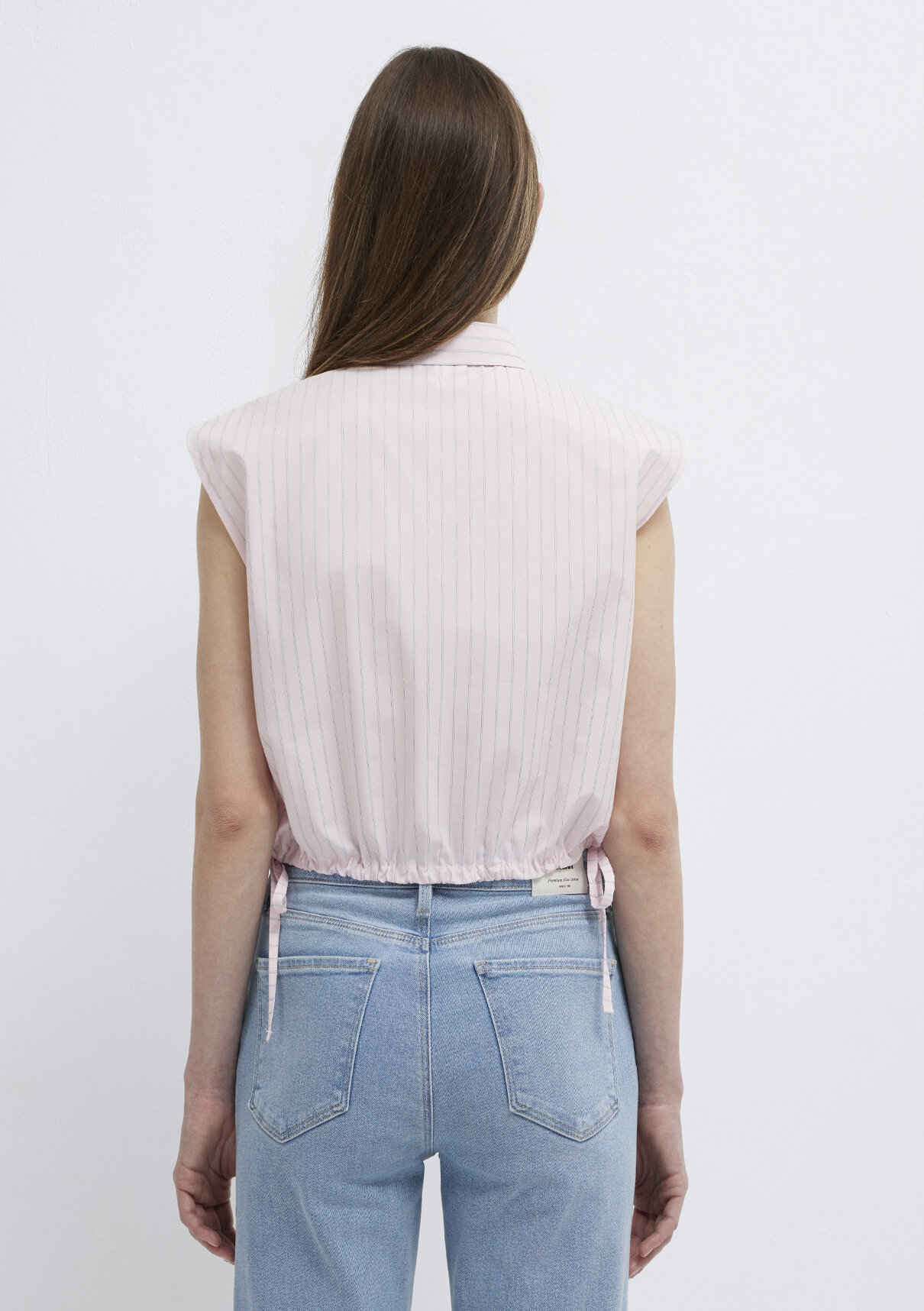 Mavi Çizgili Pembe Crop Bluz görsel 6