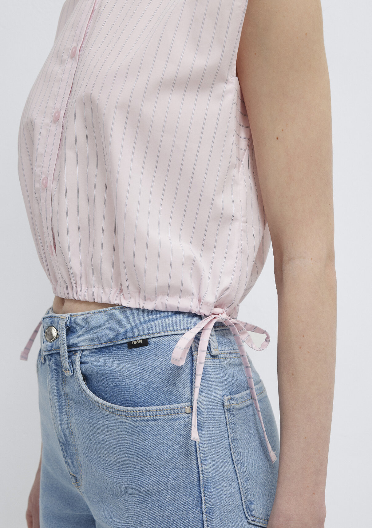 Mavi Çizgili Pembe Crop Bluz görsel 8