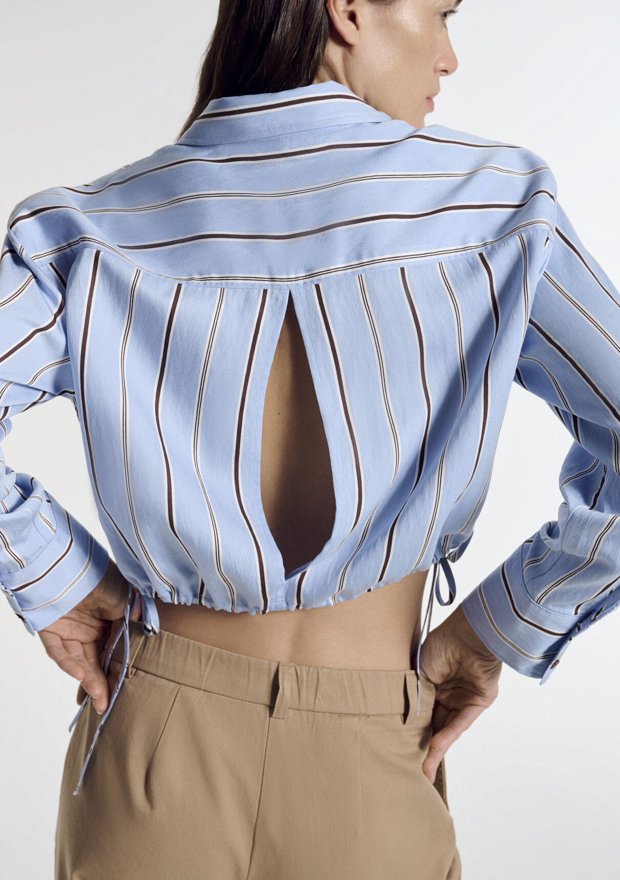 Mavi Çizgili Crop Mavi Gömlek görsel 5