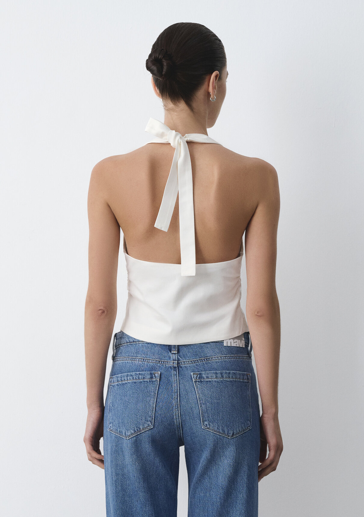 Mavi Halter Bağlamalı Düğmeli Bluz görsel 6