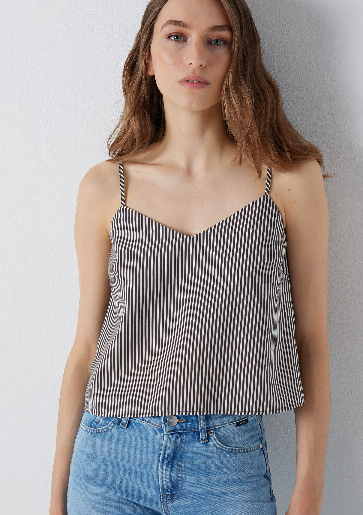 Mavi (Tencel™) Lyocell Karışımlı Askılı Çizgili Bluz