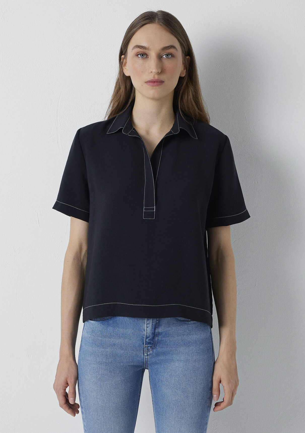 Mavi (Tencel™) Lyocell Karışımlı Polo Yaka Siyah Bluz görsel 3