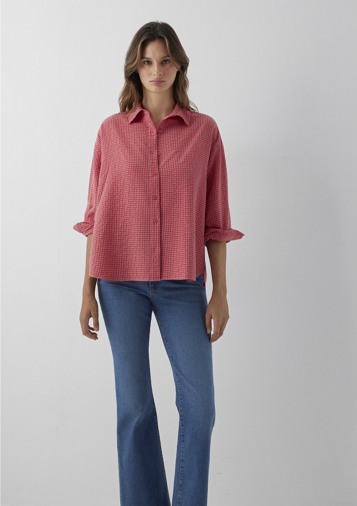 Mavi (Tencel™) Lyocell Karışımlı Kareli Kırmızı Gömlek