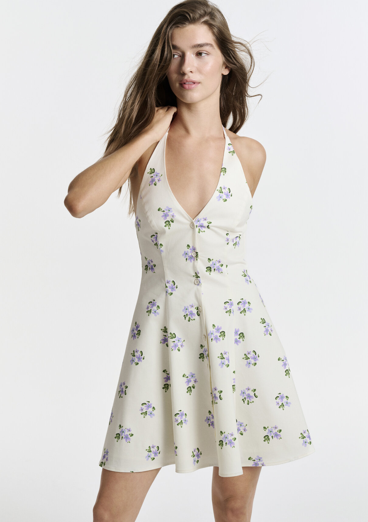 Mavi Halter Yaka Çiçek Desenli Mini Elbise görsel 2
