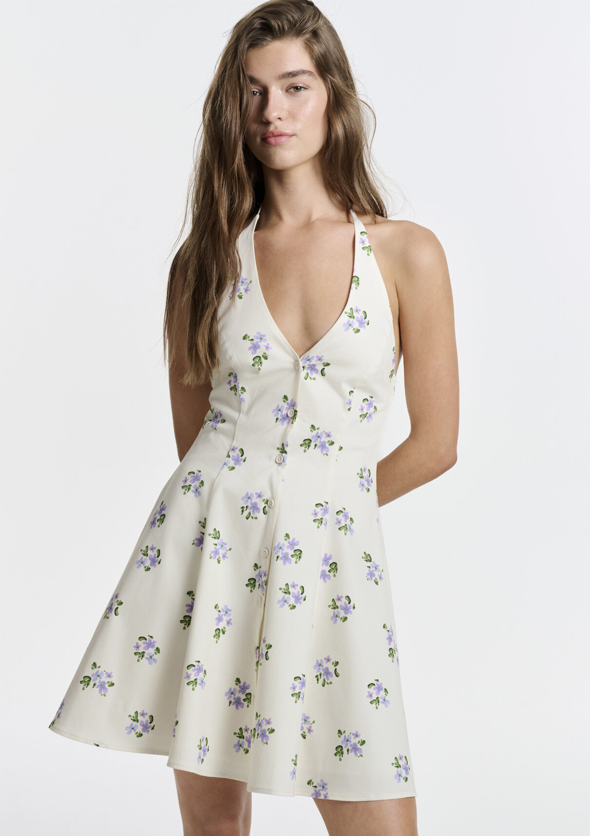 Mavi Halter Yaka Çiçek Desenli Mini Elbise görsel 6