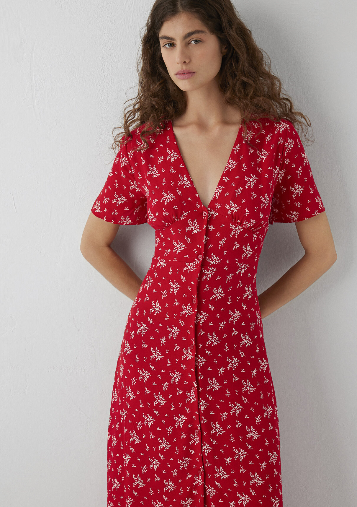 Mavi Baskılı Kırmızı Midi Elbise görsel 3