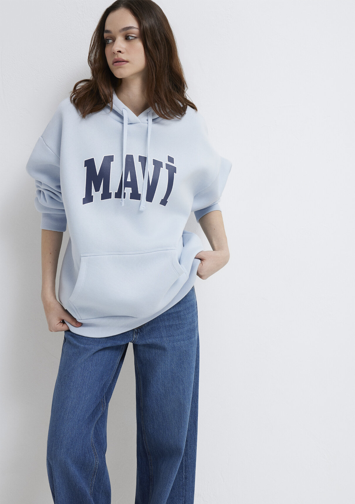 Mavi Logo Baskılı Kapüşonlu Mavi Sweatshirt