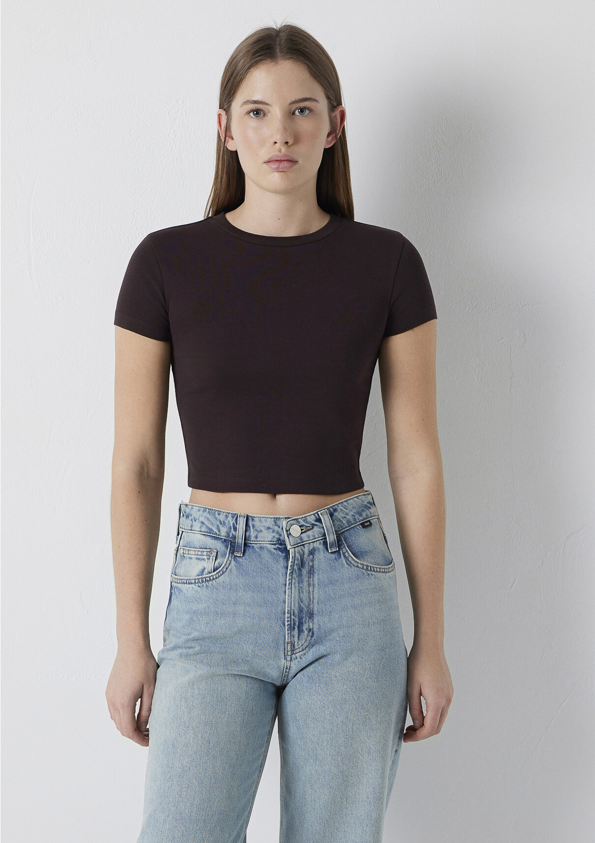 Mavi Kahverengi Basic Crop Tişört görsel 4
