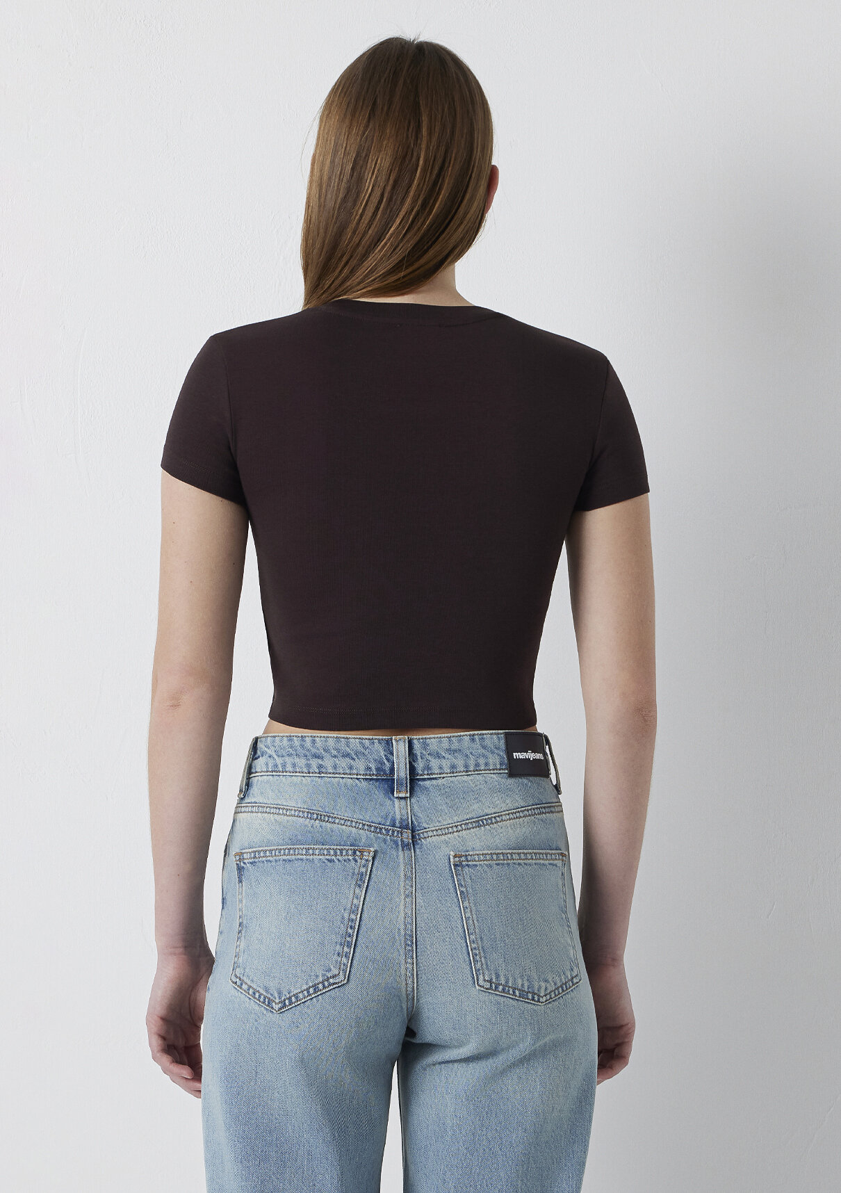 Mavi Kahverengi Basic Crop Tişört görsel 6