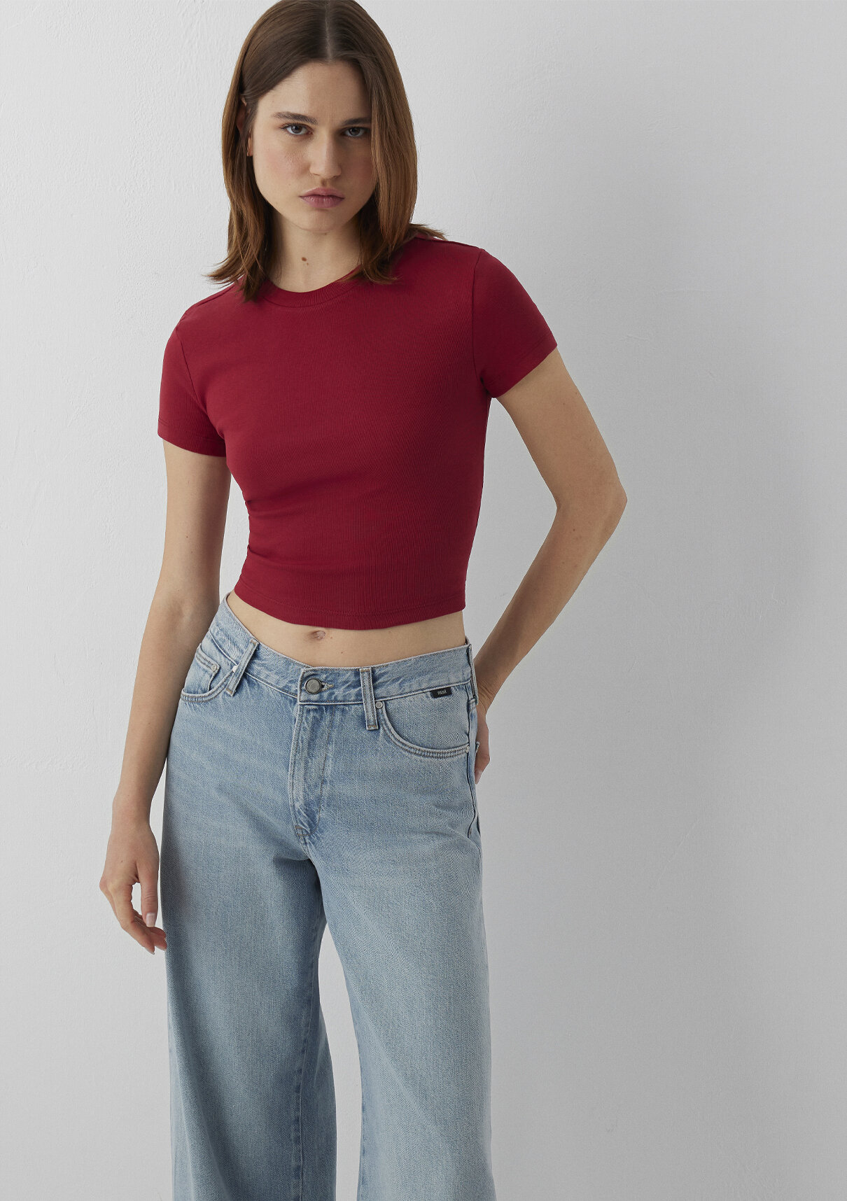 Mavi Kırmızı Basic Crop Tişört