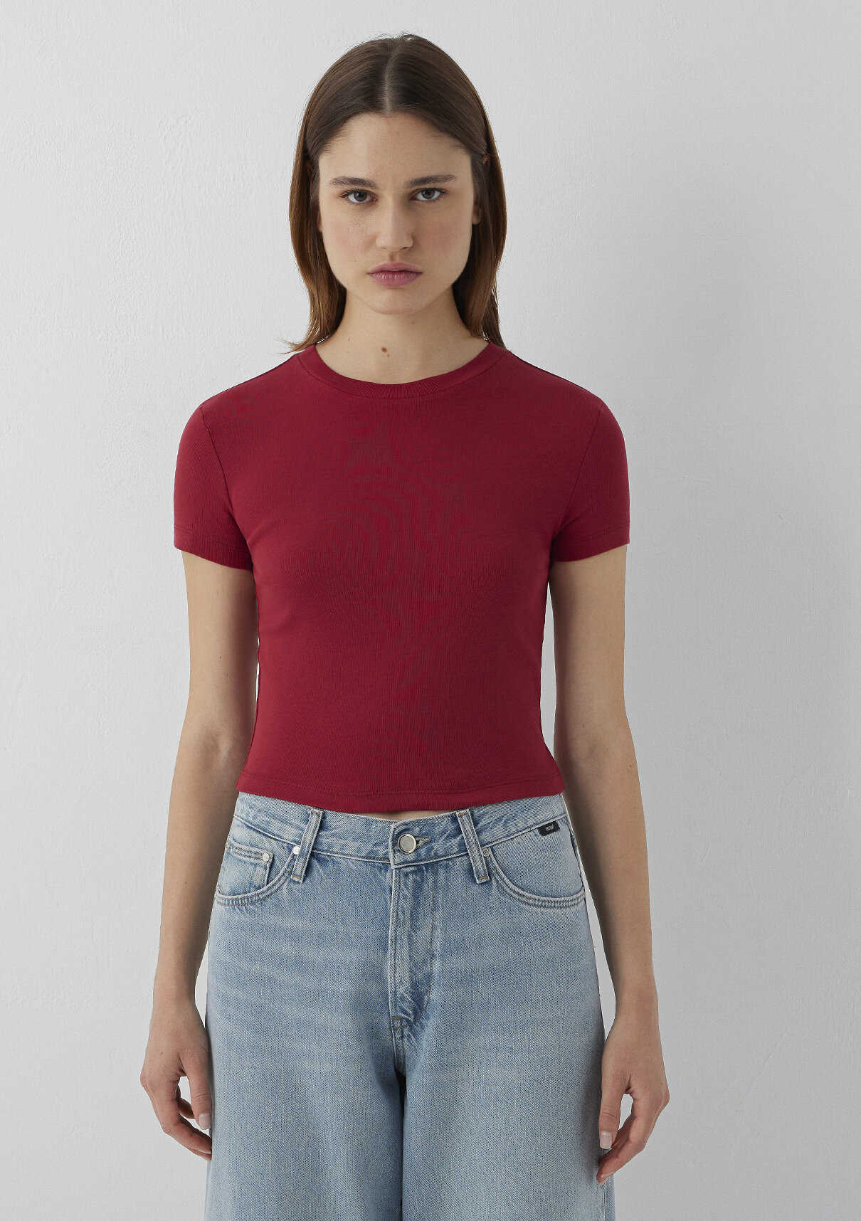 Mavi Kırmızı Basic Crop Tişört görsel 3