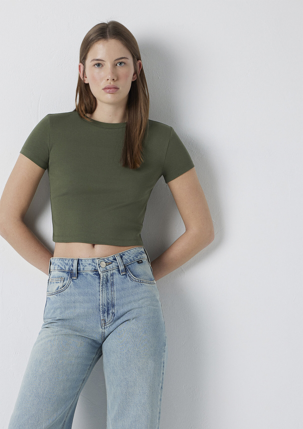 Mavi Yeşil Basic Crop Tişört
