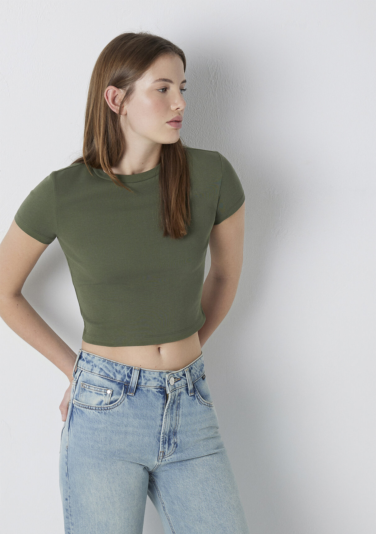 Mavi Yeşil Basic Crop Tişört görsel 2