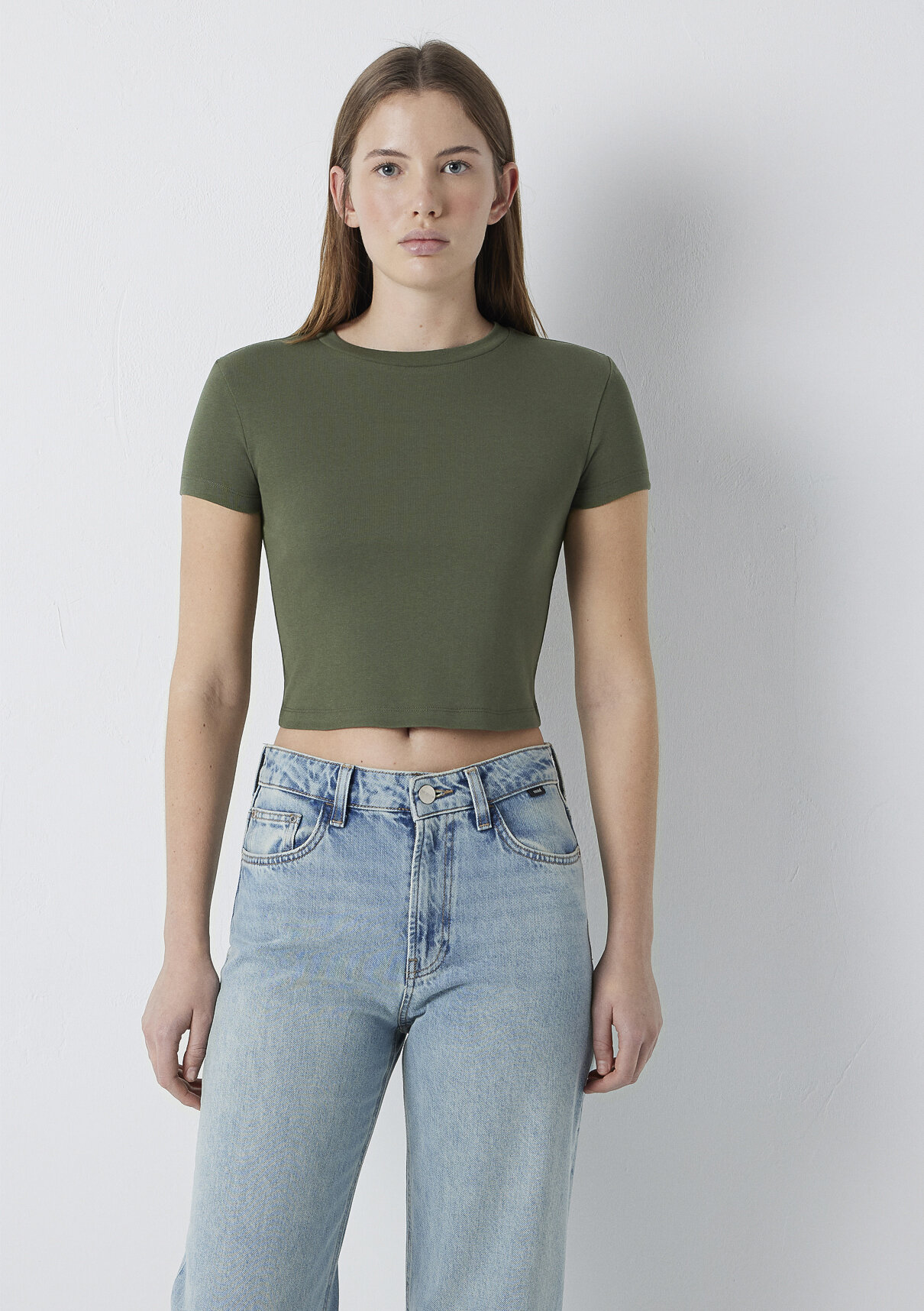 Mavi Yeşil Basic Crop Tişört görsel 3