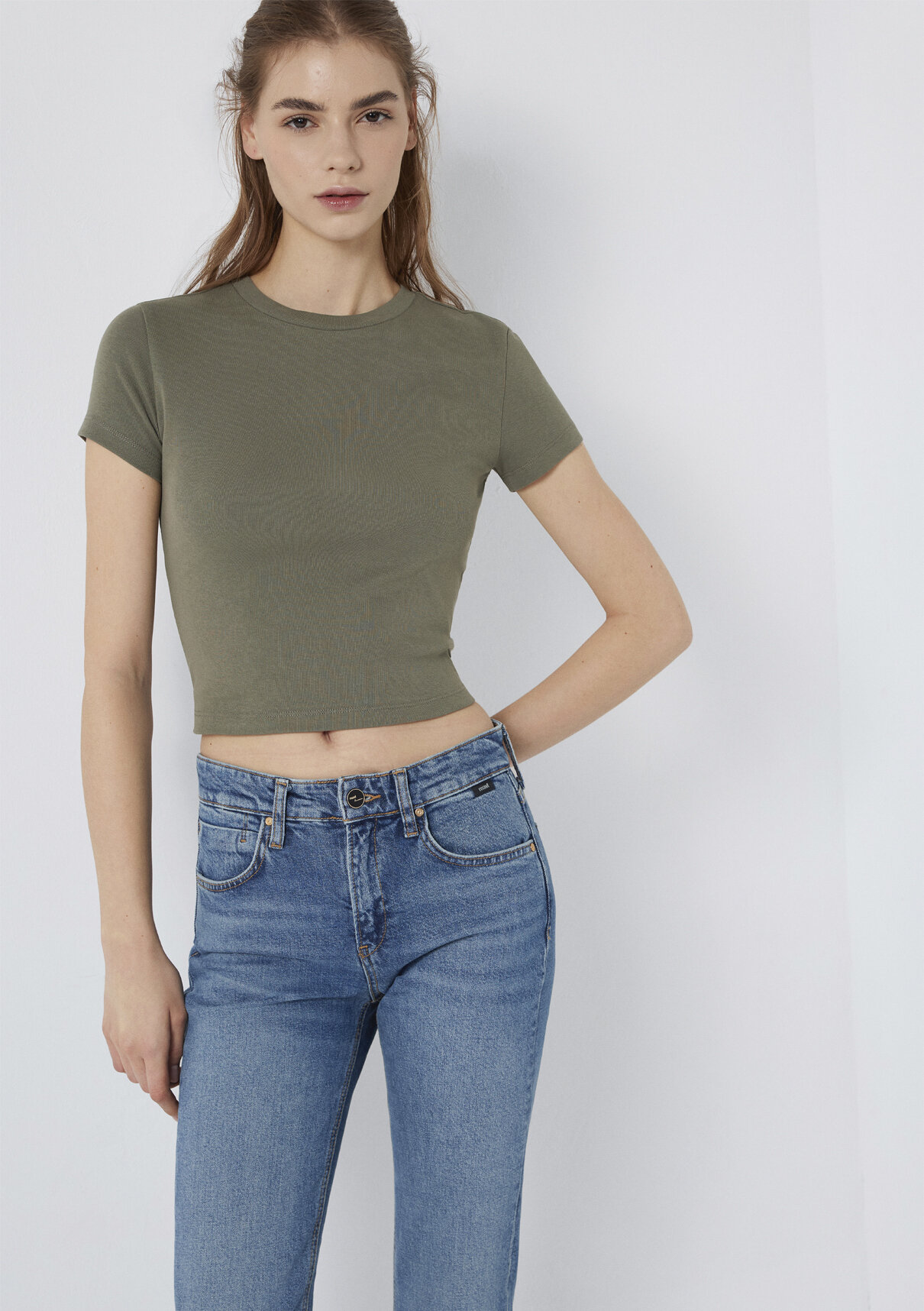 Mavi Yeşil Basic Crop Tişört görsel 2