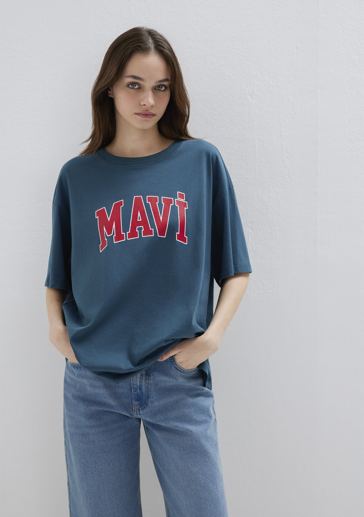 Mavi Logo Baskılı Mavi Tişört