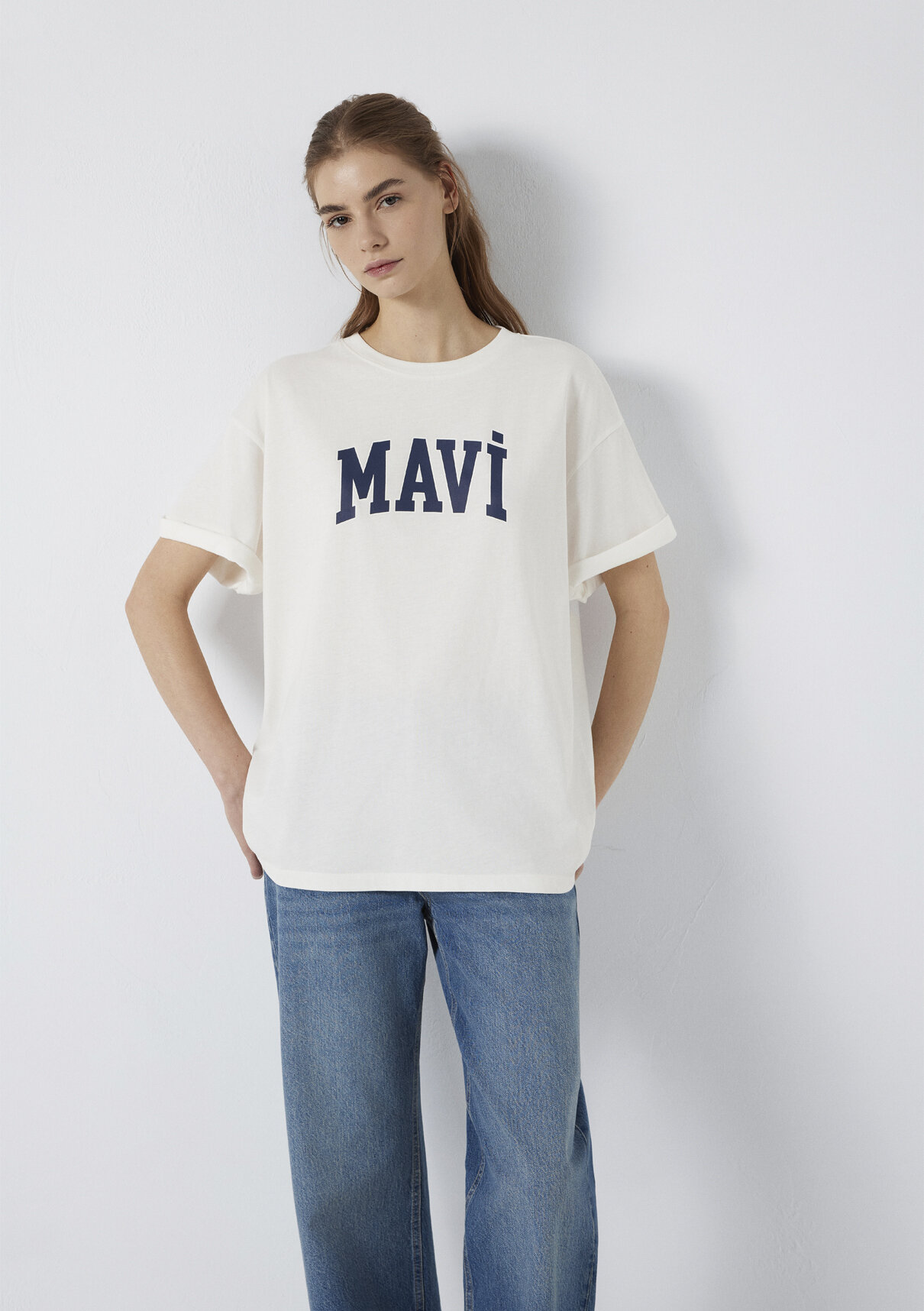 Mavi Logo Baskılı Ekru Tişört. görsel 2