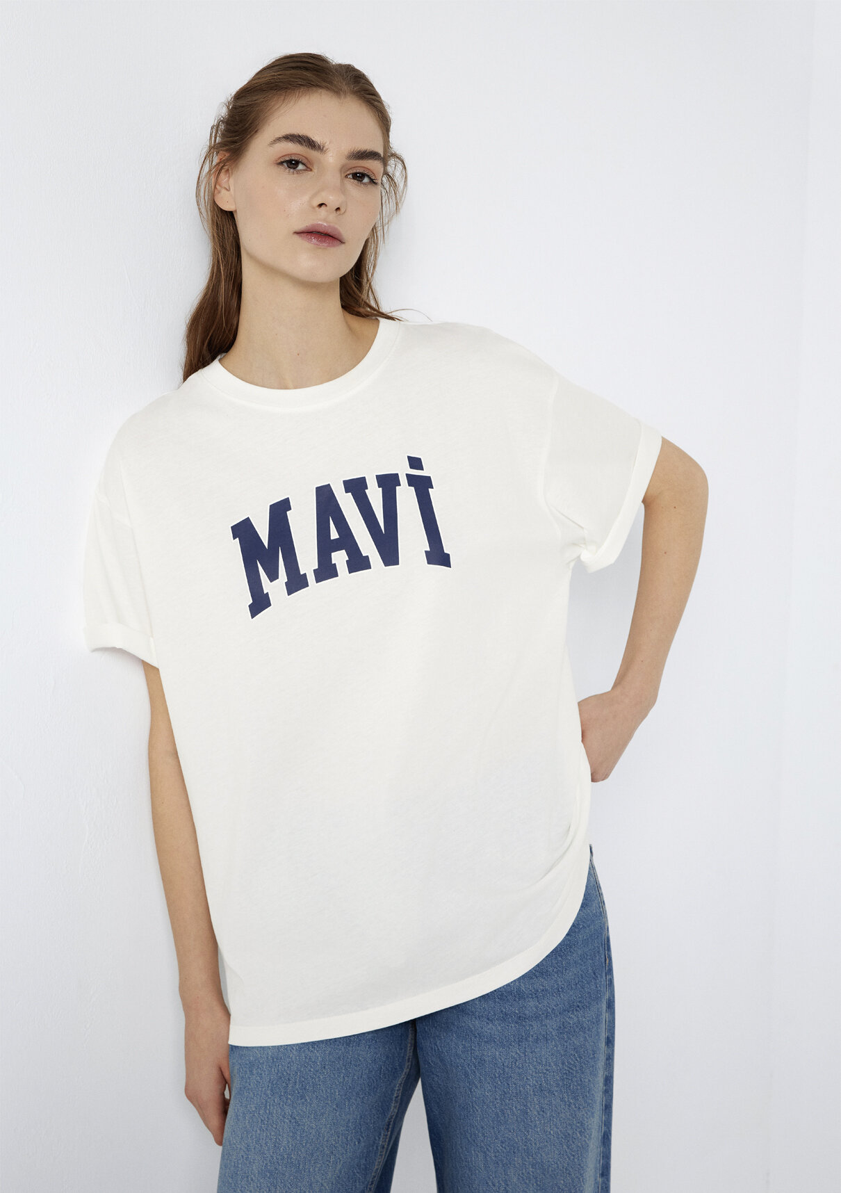 Mavi Logo Baskılı Ekru Tişört. görsel 3