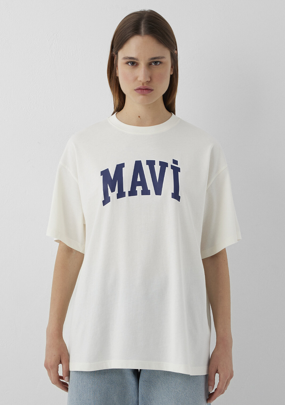 Mavi Logo Baskılı Ekru Tişört görsel 2