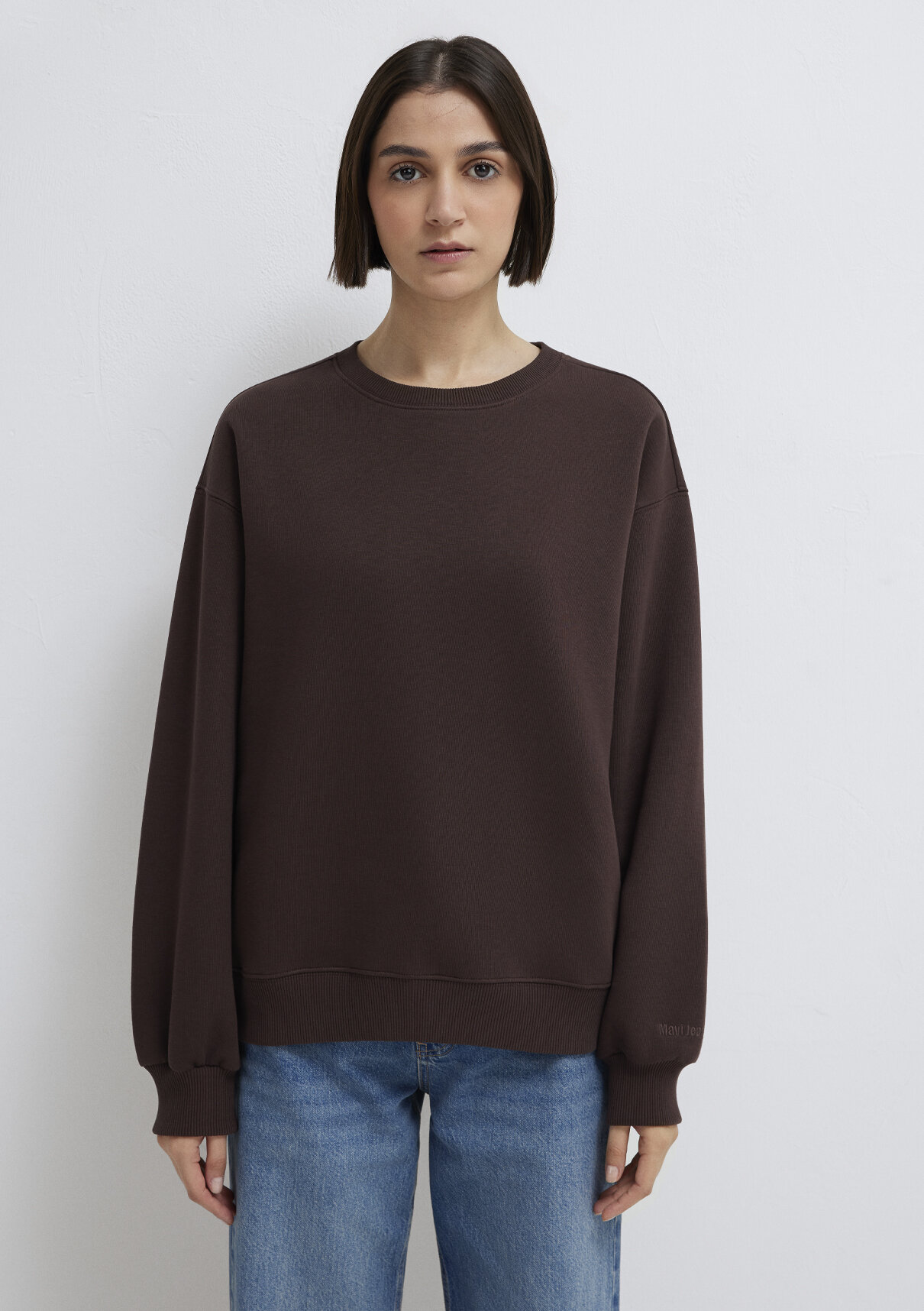 Mavi Bisiklet Yaka Kahverengi Sweatshirt görsel 3