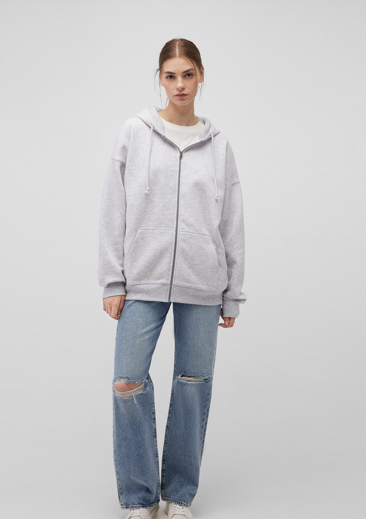 Mavi Kapüşonlu Fermuarlı Gri Sweatshirt