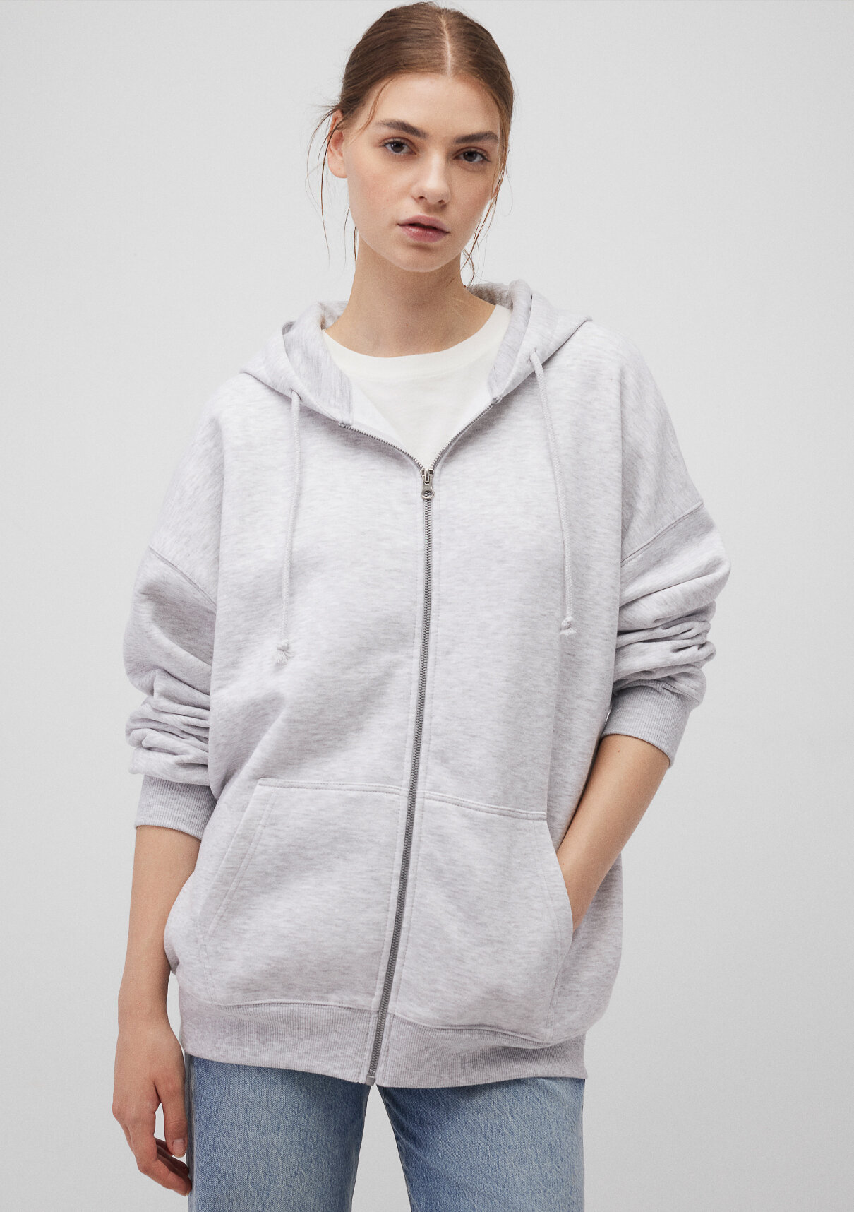 Mavi Kapüşonlu Fermuarlı Gri Sweatshirt görsel 2