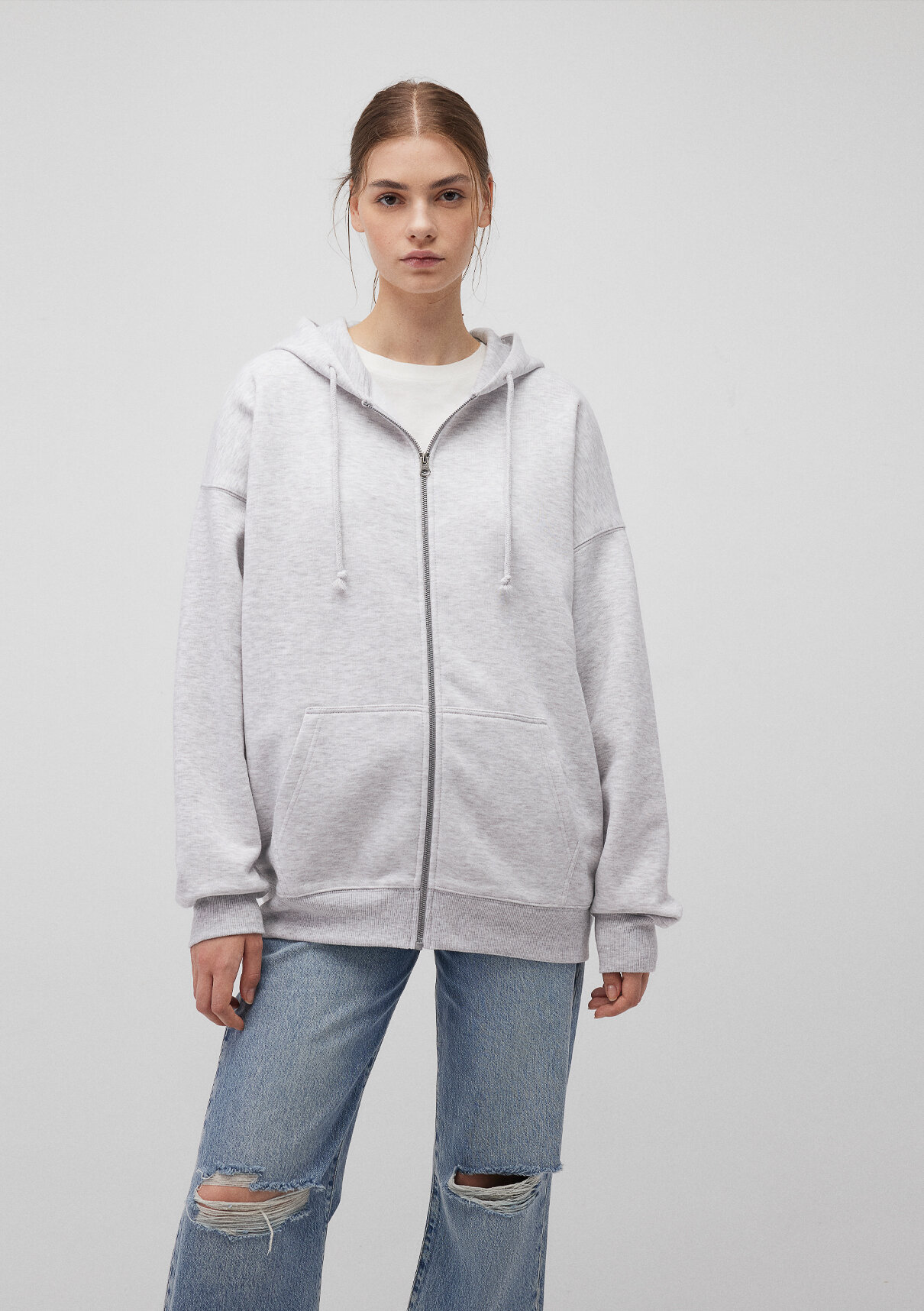 Mavi Kapüşonlu Fermuarlı Gri Sweatshirt görsel 3