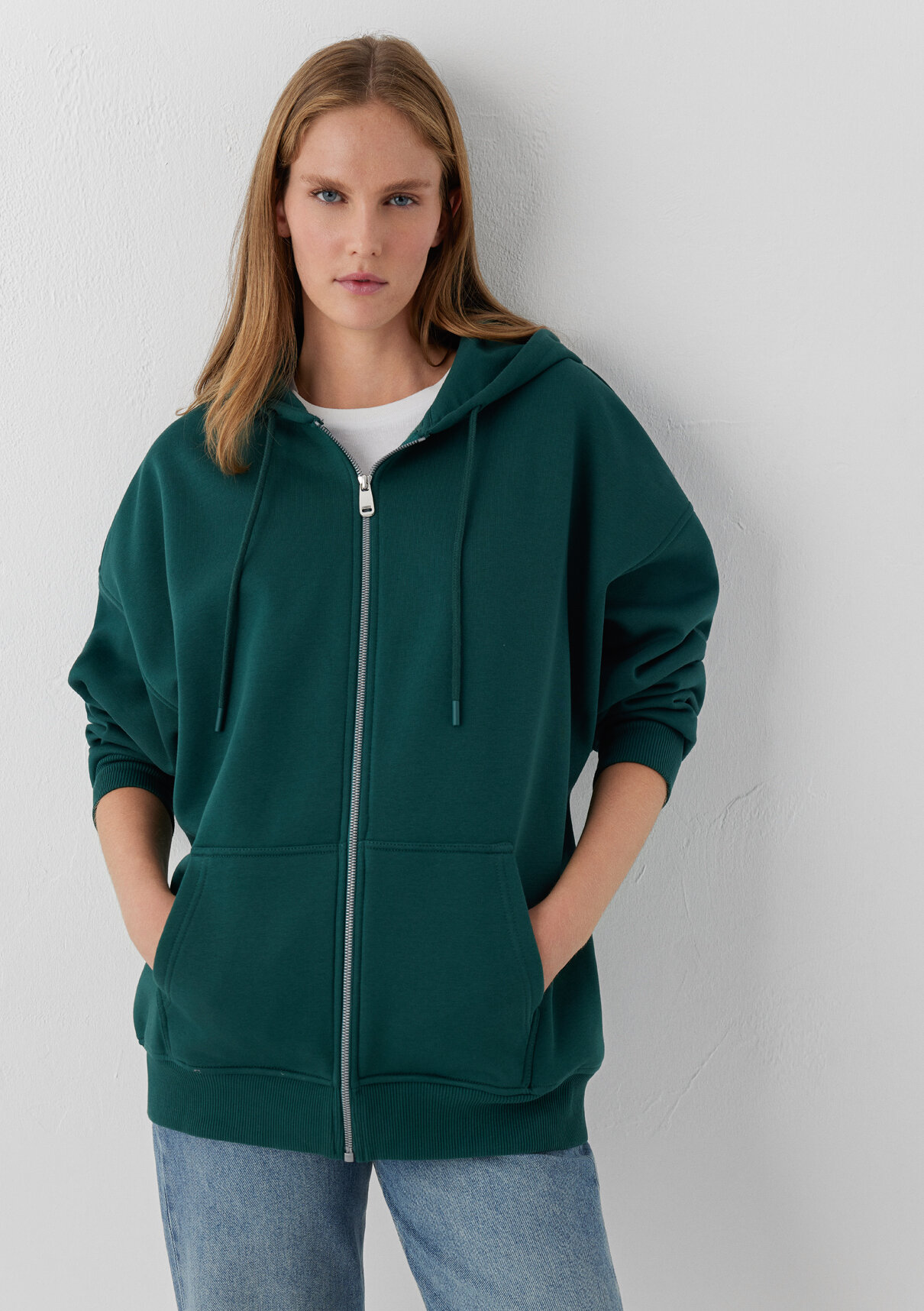 Mavi Kapüşonlu Fermuarlı Yeşil Sweatshirt